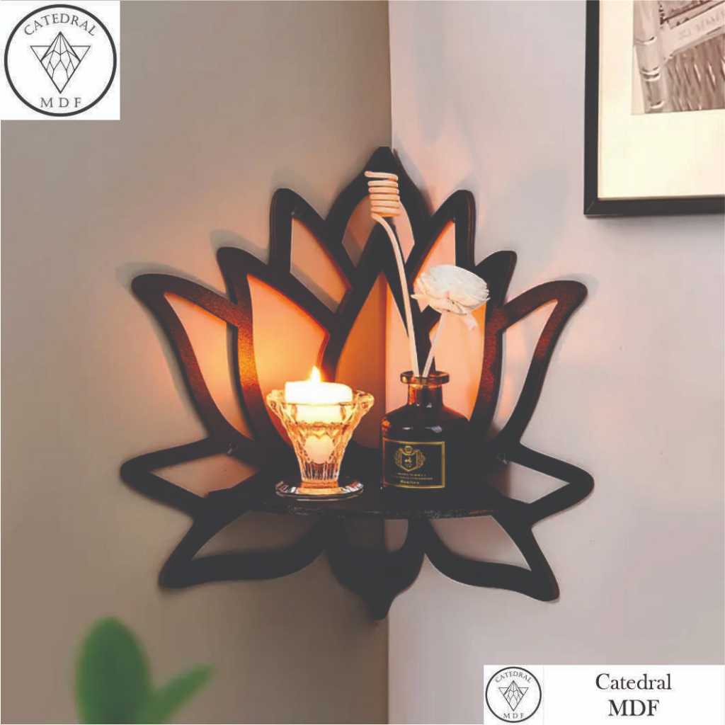 Prateleira de Madeira Flutuante Formato Flor de Lótus Rack de Armazenamento de Pedra Cristal Canto de Parede Para Plantas Flores Brinquedos Velas Perfumadas Organização e Armazenamento Doméstico Para Corredor Quarto Casa