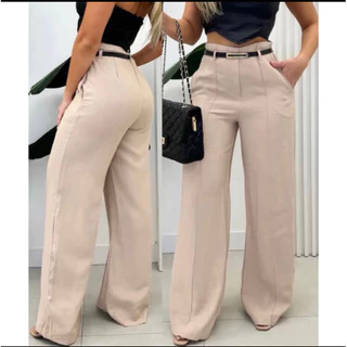 Calça Pantalona Social Alfaiataria Com Cinto De Couro Fino