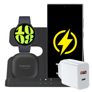 Kit Carregador Indução Sem Fio 3 em 1 Para Samsung S24 + Watch 6 + Earbuds - Com fonte PD