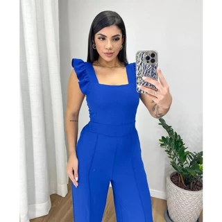 Macacão Feminino Longo Pantalona Manga Curta Babados Decote Reto Bolsos