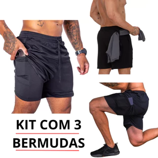 Kit com 3 Shorts 2 Em 1 Para Treino Academia Dry Fit Masculino Academia Preto