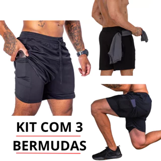 Kit 3 Bermudas 2 em 1 Esportiva Para Shorts de Academia Fitness