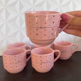 Xícara de chá de porcelana rosa individual decorada para chá 200ml empilhável - caneca xicara de cha leite café cafe empilháveis cantinho do café rosa rosinha com palavras gratidão amor coração