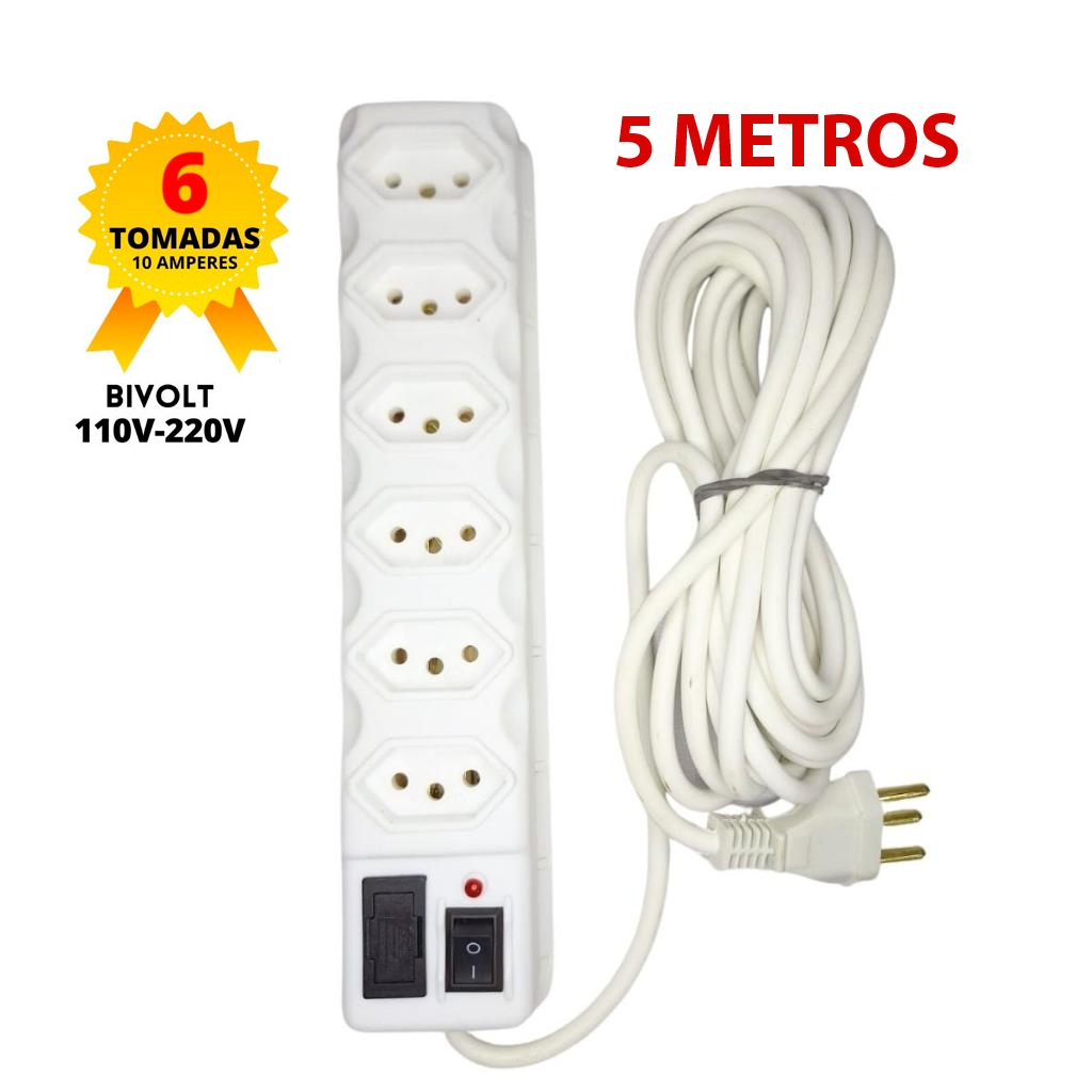 Filtro de Linha Branco 3, 4, 5 e 6 Tomadas Régua Elétrica 3 e 5 METROS