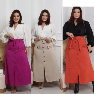 saia longa feminina plus moda evangélica com botão e laço em Linho