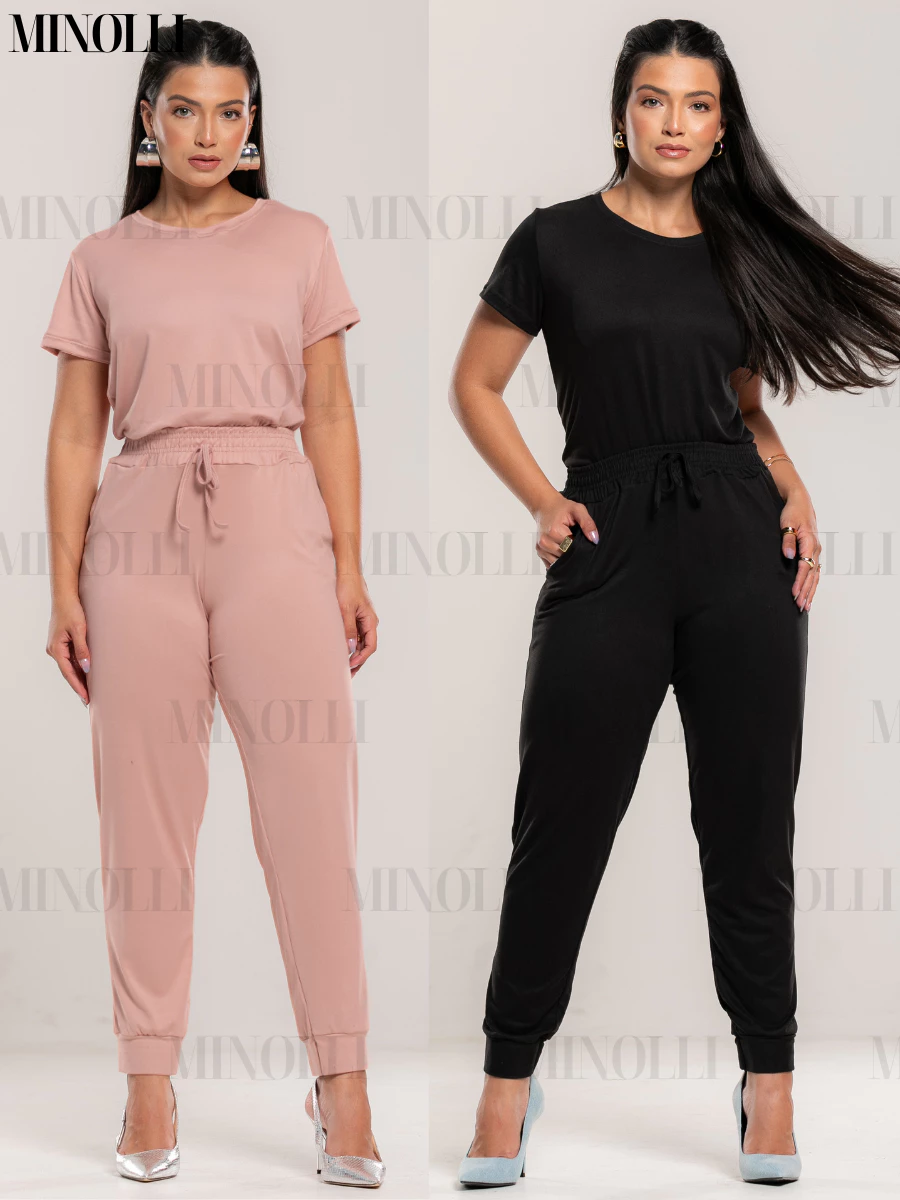 Conjunto Feminino em Malha Suede Light Calça Jogger Blusa Feminina Tshirt Confortável Fardamento