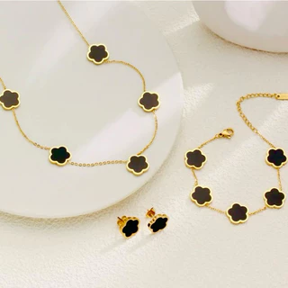 Conjunto Inspiração Virginia Vintage Alhambra Trevo Quatro FolhasFlor Blogueira da Moda de Marca Colar Alta Joalheria Ouro Brinco e Pulseira SHK03