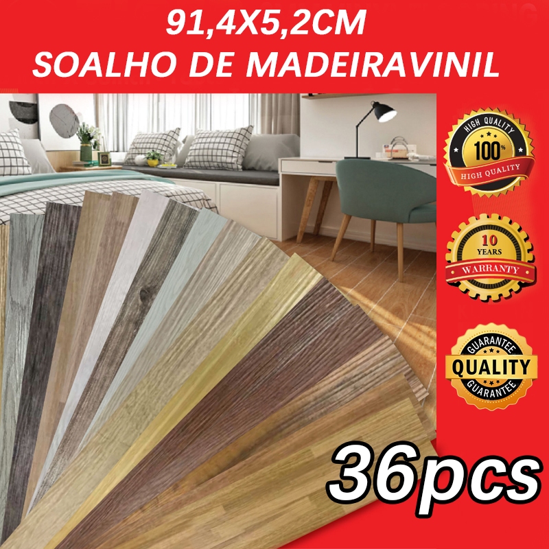 Kit 36 Piso Adesivo Vinilico Madeira Moderno Com Cola Antiderrapante Lavável 0,91x15,2cm