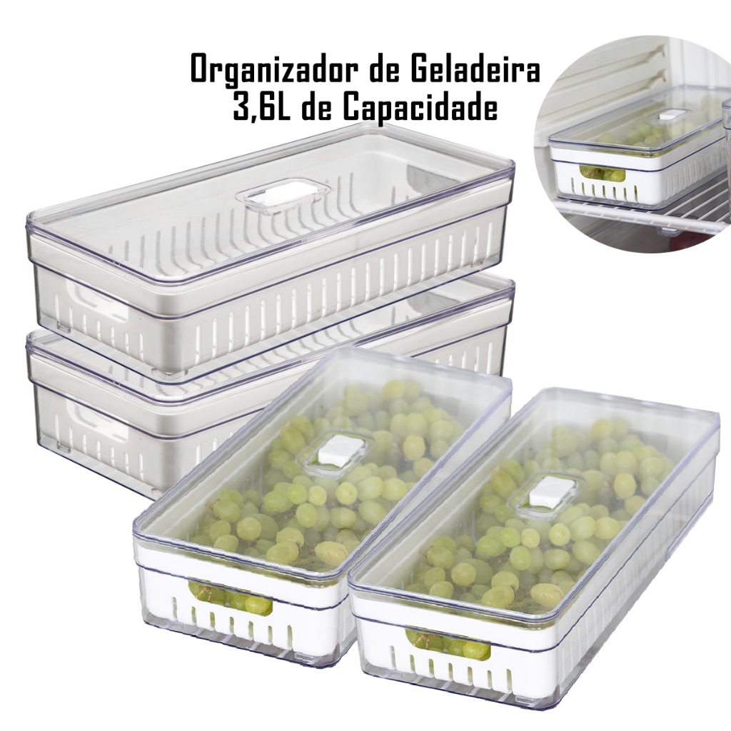 Kit 4 Organizador de Geladeira 3,6 Litros Cesto Com Tampa Multiuso Alimentos Verduras e Vegetais