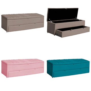 Calçadeira Recamier Sapateira Baú e Gaveta Quarto Solteiro 90cm Ayla Suede Cores Rodinhas Rodizios
