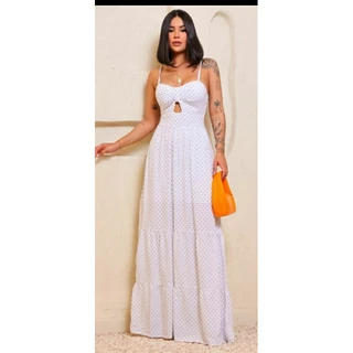 Vestido feminino poá longo três Marias, com bojo, forro e detalhe no busto. Para festas, batizados, eventos.