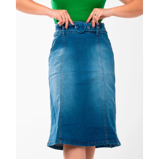 Saia Jeans Evasê Bolso Moda Evangélica 7PALLAS