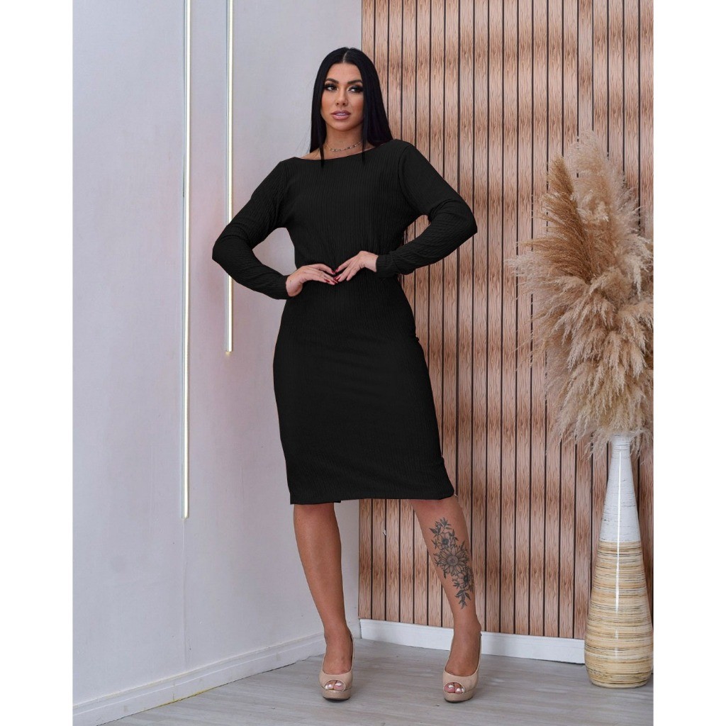 Vestido Midi Manga Longa Básico Modelo Costas Nua Moda Feminina