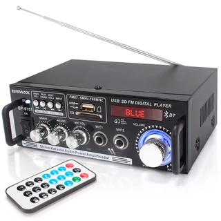 Amplificador de Som Áudio 200w Bluetooth Receiver Automotivo Fm Karaokê Usb Entrada 2 Microfone P10