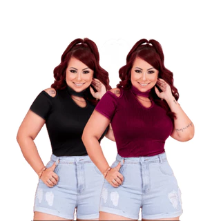 Kit 2 Blusa Feminina Ombro Manga Casual Moda Evangelica Malha Canelada Elegante Social