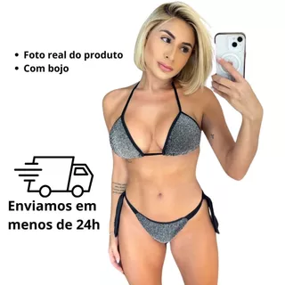 Biquíni Feminino Prata Cortininha com Bojo Calcinha de Amarrar