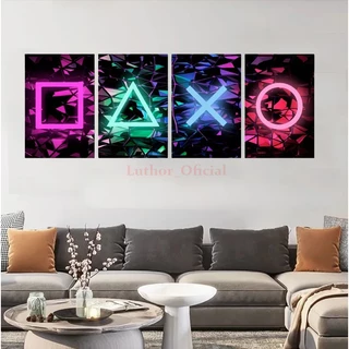 Quadro Decorativo Video Games Joystick Botões Gamer Mosaico 4 Peças Decoração Games Quarto Sala Mdf