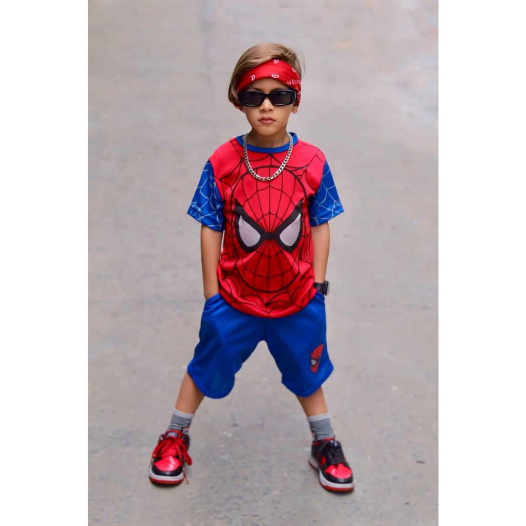Conjunto Homem Aranha Infantil Menino Festa Fantasia Marvel Kit Bermuda + Camiseta + Mascara