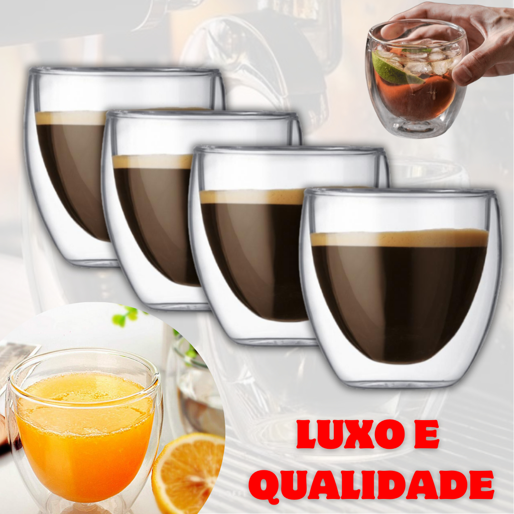 Kit 4 Copos de Vidro Duplo 150ml para Chá Café Capuccino Cerveja - Jogo de Copos Parede Dupla Vidro Borossilicato Isolante Térmico - Luxo e Qualidade em Promoção