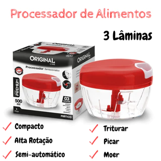 Processador Triturador de Alimentos Manual 400 Ml com 3 Lâminas Inox