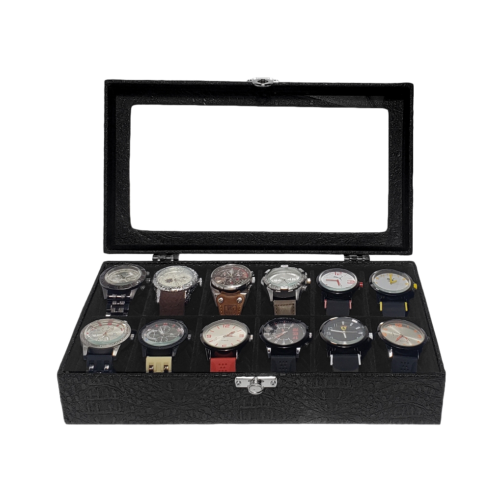 Estojo Para 12 Relógios externo Preto com interno aveludado Preto