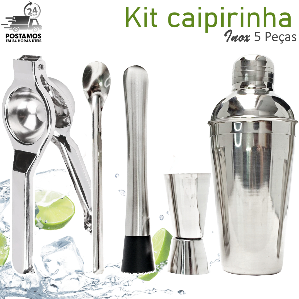 Kit Caipirinha Inox 5 Peças - Completo Profissional - Espremedor de limão Coqueteleira 500ml Socador Macerador Dosador