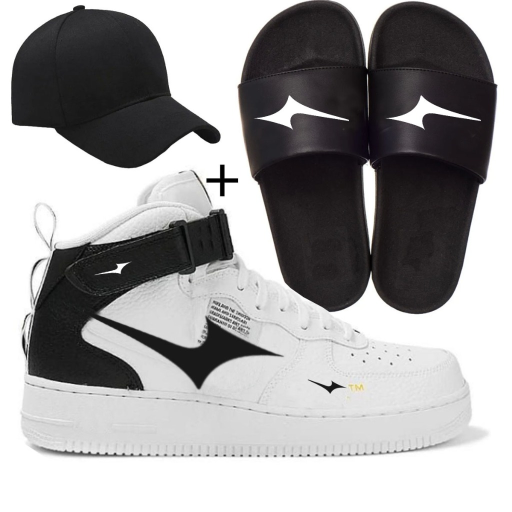 Tenis bota tm forc cano medio estilo basquete treino + chinelo slide + bone