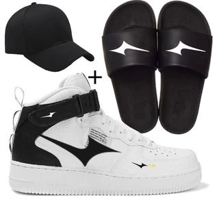 Tenis bota tm forc cano medio estilo basquete treino + chinelo slide + bone
