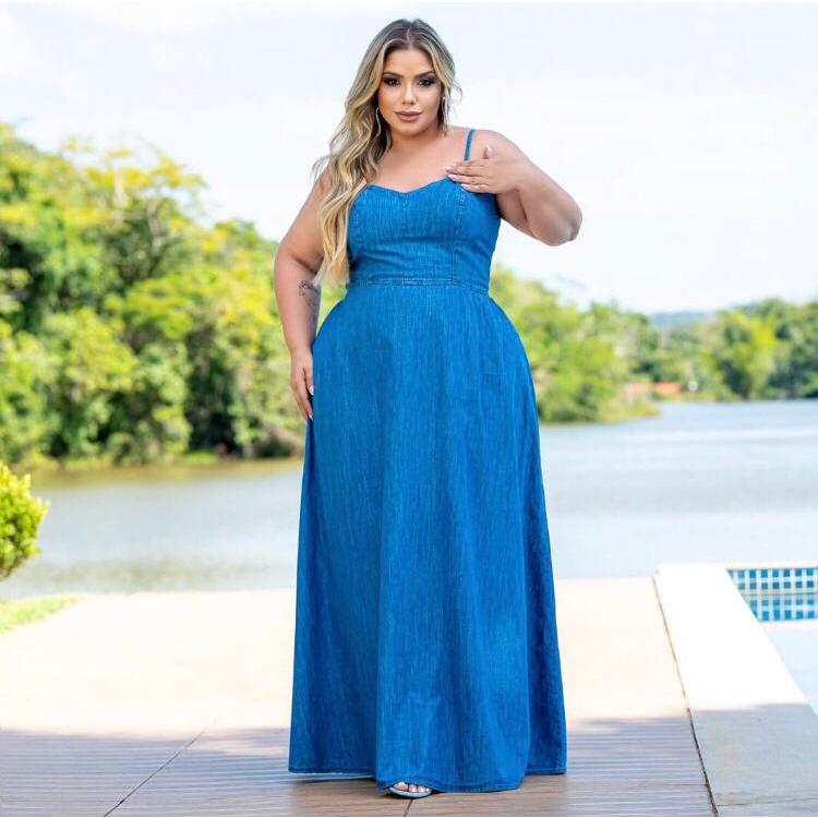 Vestido Longo Jeans Plus Size Claro | Shopee Brasil