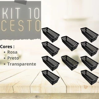 kit 10 Cesto Organizador Multiuso Retaguarda Comprimido 28x11x8cm Uninjet Preto Transparente Rosa Doméstico Plástico
