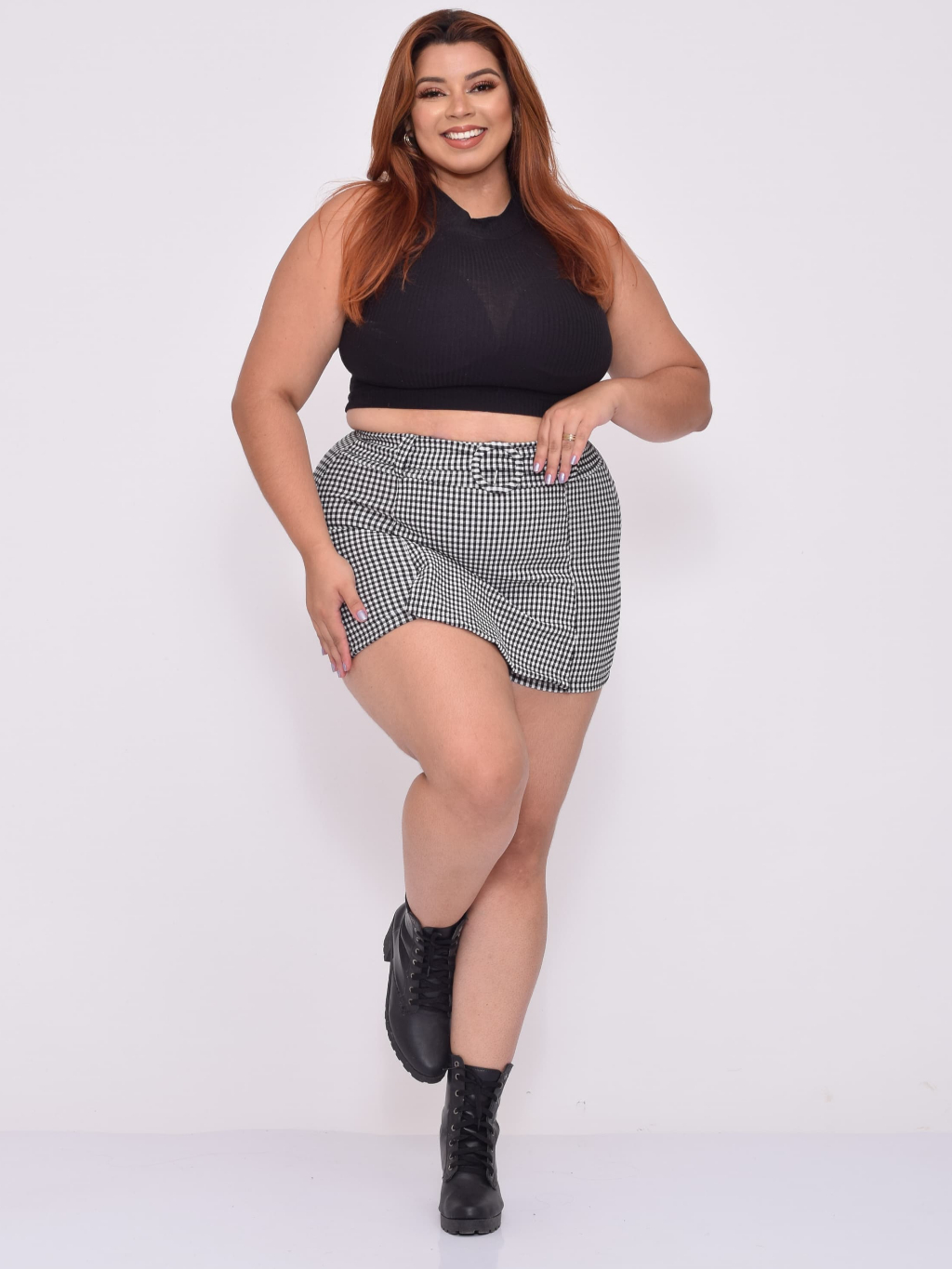 Shorts Saia Feminino Jacquard Xadrez com Cinto Fivela P M G GG e Plus Size  Curvy Outono Inverno