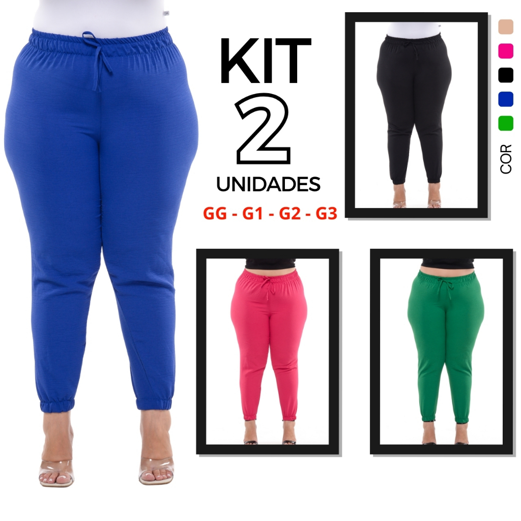 Kit 2 Calças Feminina Plus Size Jogger Cintura Alta Tecido Leve ...