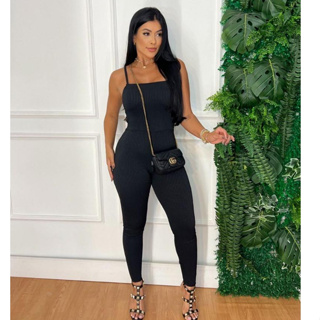 Macacão Longo de Alcinha com Bojo Canelado 3D Moda Casual Academia