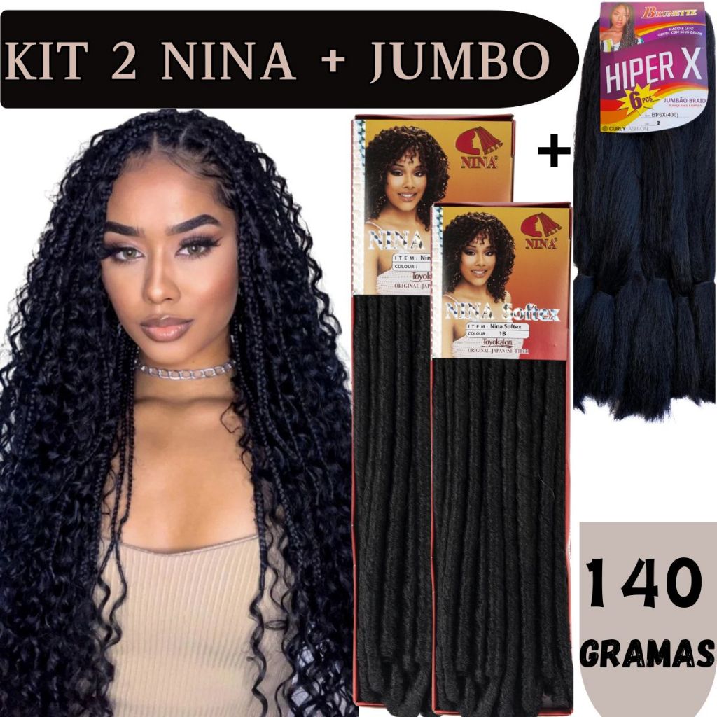 Kit 2 Cabelo Nina Softex + 1 Jumbo Super X Hiper X Para Tranças Box Braids Gypsy Braids Boho e Fulani