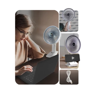 Ventilador Mesa Portátil Multifunção USB Recarregavel Silencioso 3 potencias com Clipe 3 Pás 4 Modos