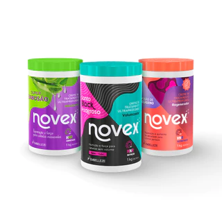 KIT NOVEX CRONOGRAMA CAPILAR PARA CACHEADAS 1KG - SUPER BABOSÃO, BLACK PODEROSO, INFUSÃO DE COLÁGENO