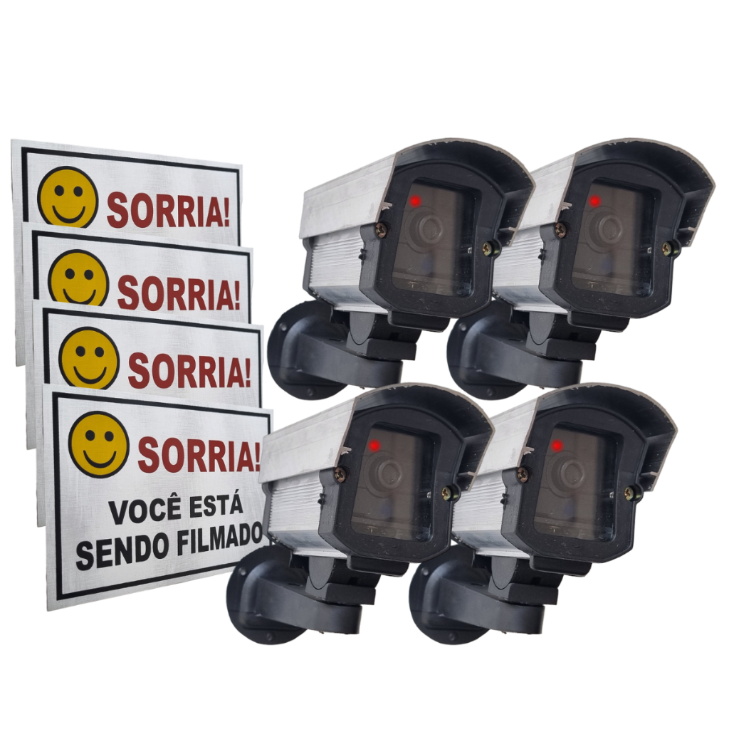 Kit 4 Micro Câmeras Falsas Com Led + 04 Placas Sorria para Segurança Residencial Industrial Comercial