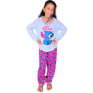 Pijama Longo Feminino Infantil - Calça e Blusa Manga Comprida Malha PV