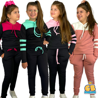 Conjunto Moletom Infantil Menina Juvenil Bicolor C/Capuz 04 A 12 Inverno - Pronta Entrega