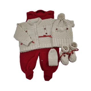 Kit Saída Maternidade Menino em Tricô Artesanal - Bege/Vermelho - 5 peças com sapatinho