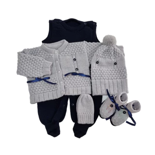 Kit Saída Maternidade Menino em Tricô Artesanal - Cinza/Azul Marinho - 5 peças com sapatinho