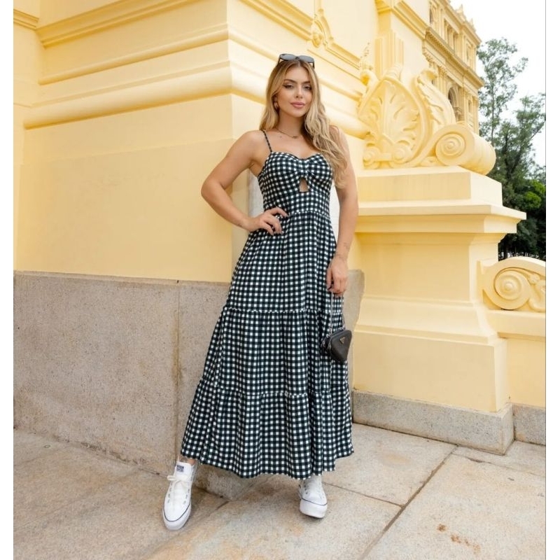 Vestido Feminino Quadriculado Midi Xadrez Decote Com Bojo Vestido Feminino Quadriculado Midi Xadrez Decote Com Bojo