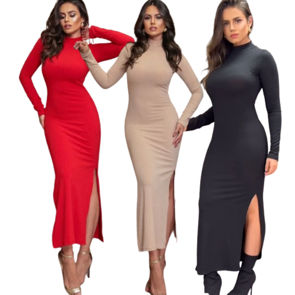 Vestido Feminino Tubinho Canelado Gola Alta Fenda Lateral Manga Longa