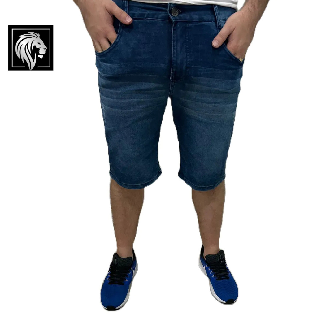 Bermuda Jeans Masculina - Elastano - Confortável - Azul médio com Bigode e Puído