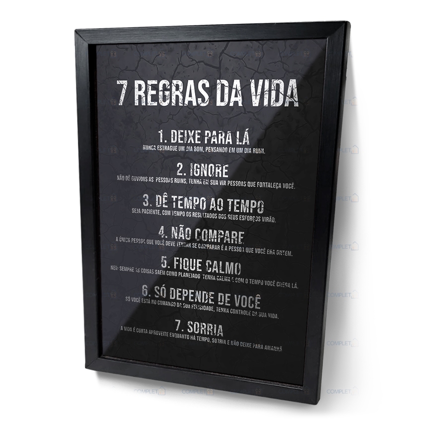 Quadro Frases Motivacionais 7 Regras da Vida Moldura e Vidro