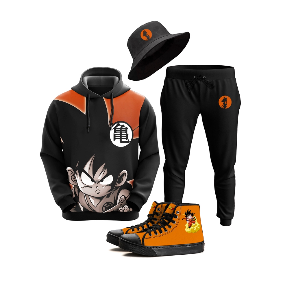 Kit Conjunto de Moletom + Tenis + Chapéu Anime Dragon Ball Goku