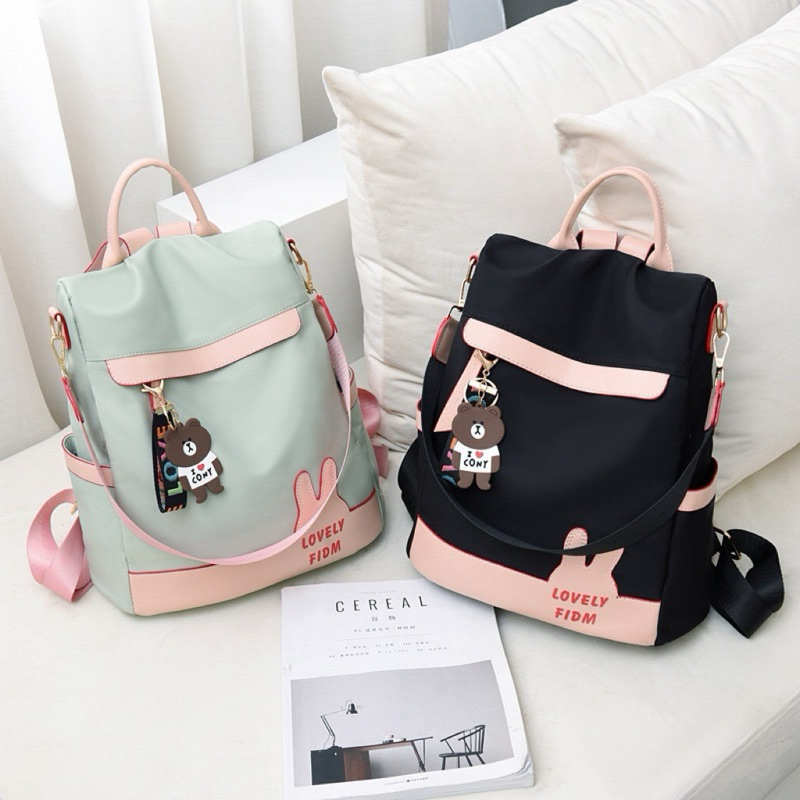 Mochila Feminina Nylon Anti Furto Com Chaveiro orelha coelho [C-4]