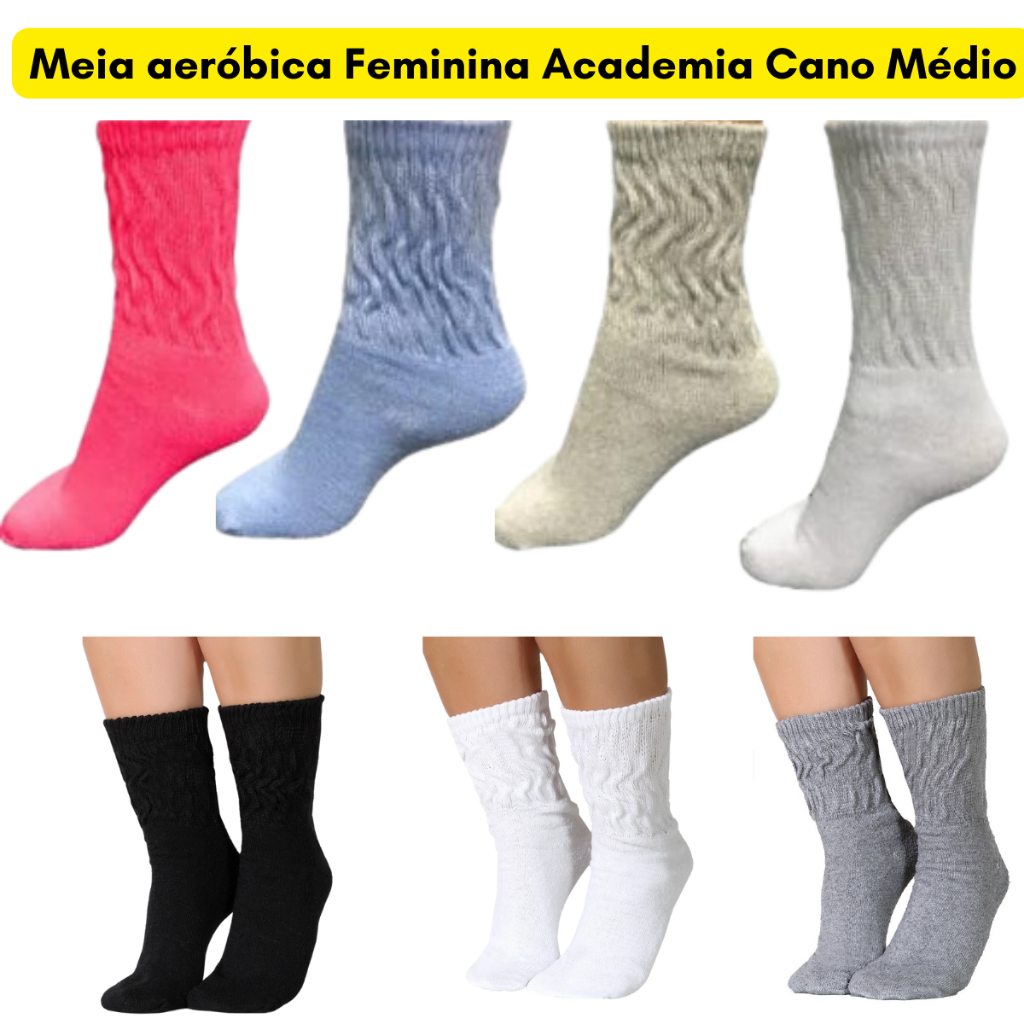 KIT 1/3 Pares de Meia aeróbica Feminina academia cano médio variadas ...