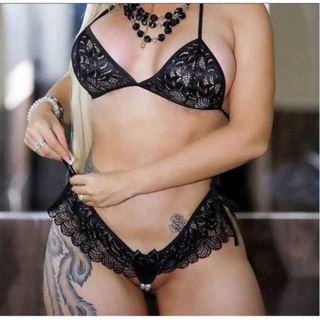 Conjunto Tailandesa Calcinha e Sutiã Langerie Sexy Rendada Pérolas Estimulante