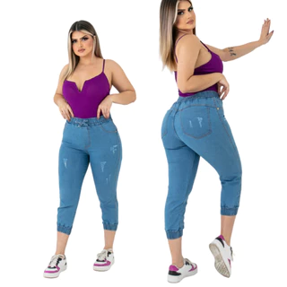 Calça Cargo Jogger Feminino Jeans Com Lycra Cós Alto Confortável Premium